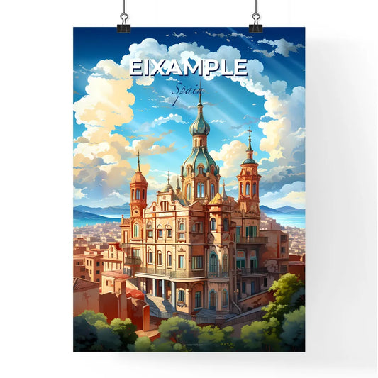 Eixample, Spain, A Poster of a large building with a large tower and a city landscape Default Title