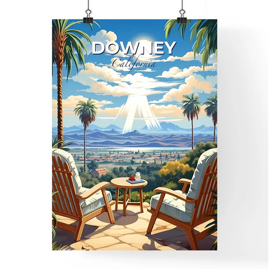 Downey, California, A Poster of a chair and table with palm trees and mountains in the background Default Title