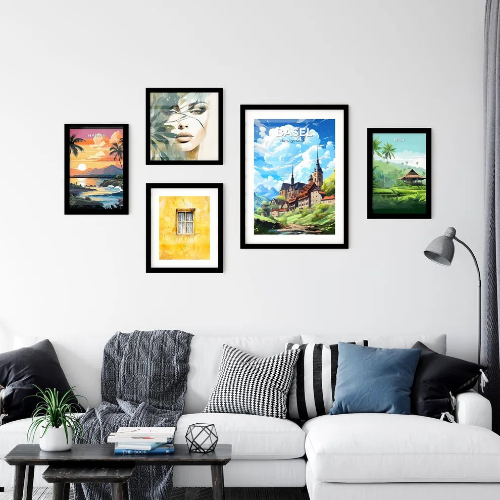 Basel, Switzerland, A Poster of a landscape of a town with a castle and mountains Default Title