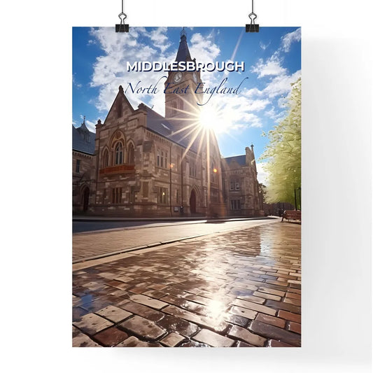 Middlesbrough, North East England, A Poster of a building with a clock tower and a bench in front of it Default Title