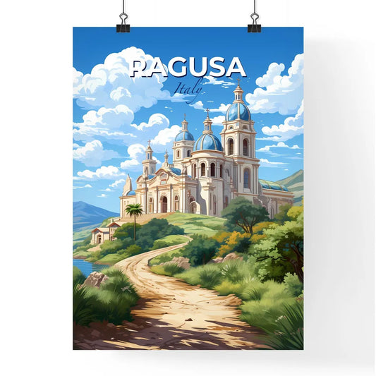 Ragusa, Italy, A Poster of a building with blue domes on a hill with trees and a path Default Title