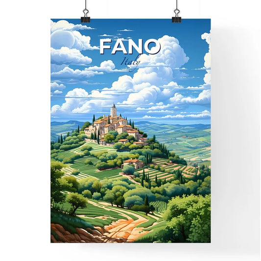 Fano, Italy, A Poster of a landscape of a hill with a building and trees Default Title