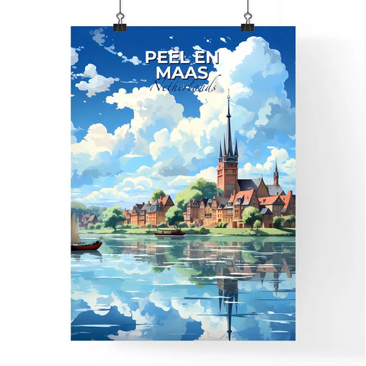 Peel En Maas, Netherlands, A Poster of a water view of a town with a boat and a building Default Title