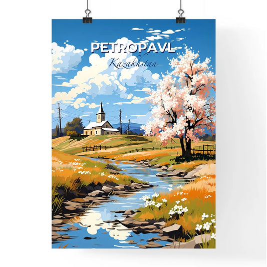 Petropavl, Kazakhstan, A Poster of a river running through a field with a church and a tree Default Title
