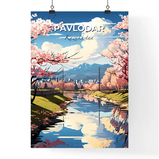 Pavlodar, Kazakhstan, A Poster of a river with pink flowers and trees Default Title