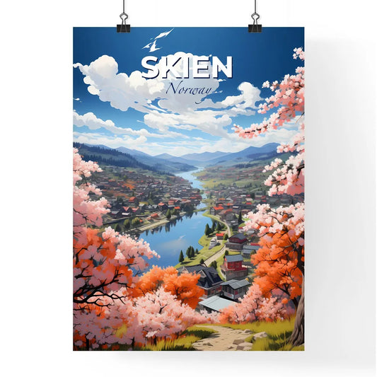 Skien, Norway, A Poster of a landscape with a river and trees and houses Default Title
