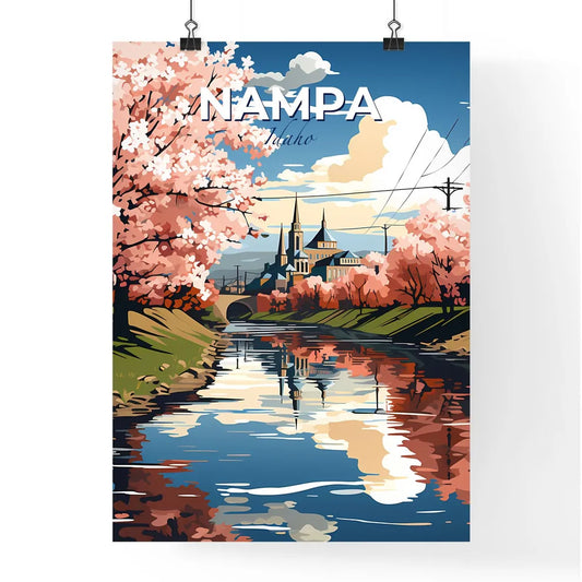 Nampa, Idaho, A Poster of a river with pink trees and buildings in the background Default Title