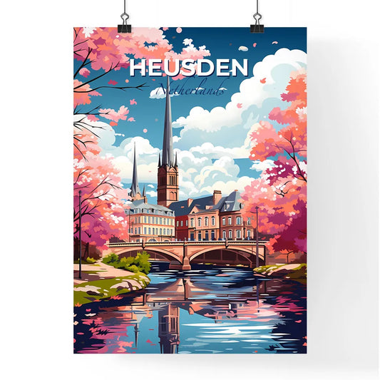 Heusden, Netherlands, A Poster of a bridge over a river with a church and trees Default Title