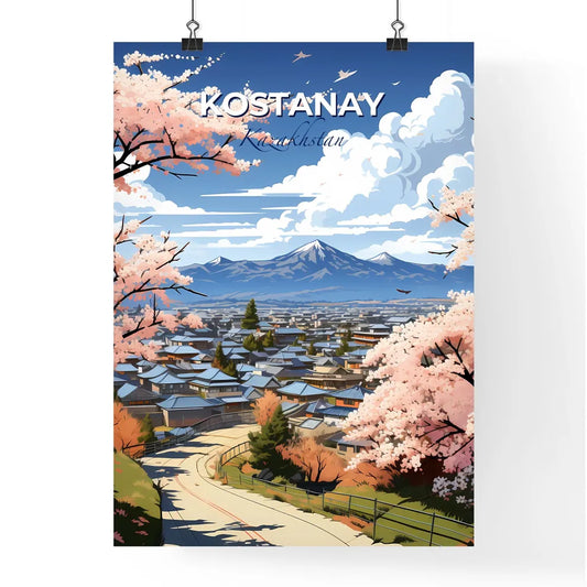 Kostanay, Kazakhstan, A Poster of a landscape of a town with a road and trees and mountains Default Title