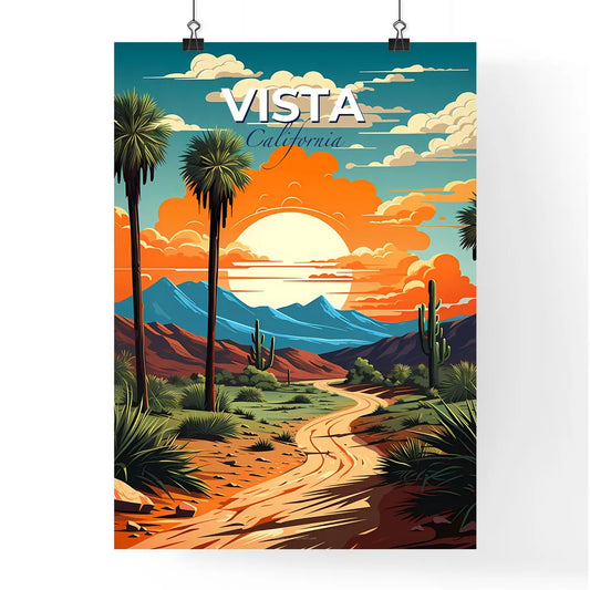 Vista, California, A Poster of a desert landscape with palm trees and mountains Default Title