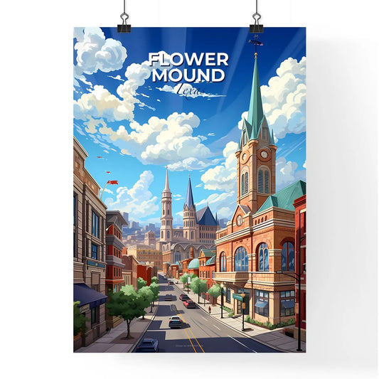 Flower Mound, Texas, A Poster of a city street with a church and cars Default Title