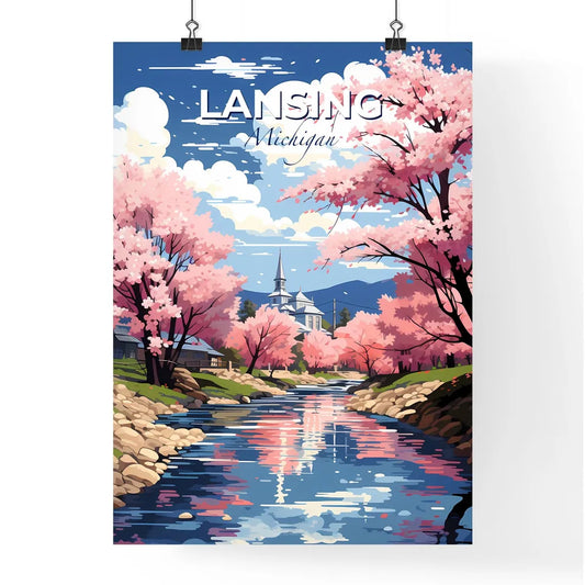 Lansing, Michigan, A Poster of a river with pink trees and a church in the background Default Title