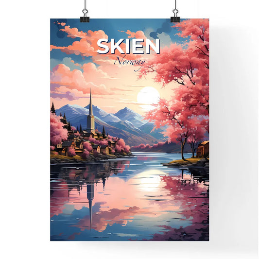 Skien, Norway, A Poster of a painting of a town on a river with pink trees and mountains Default Title