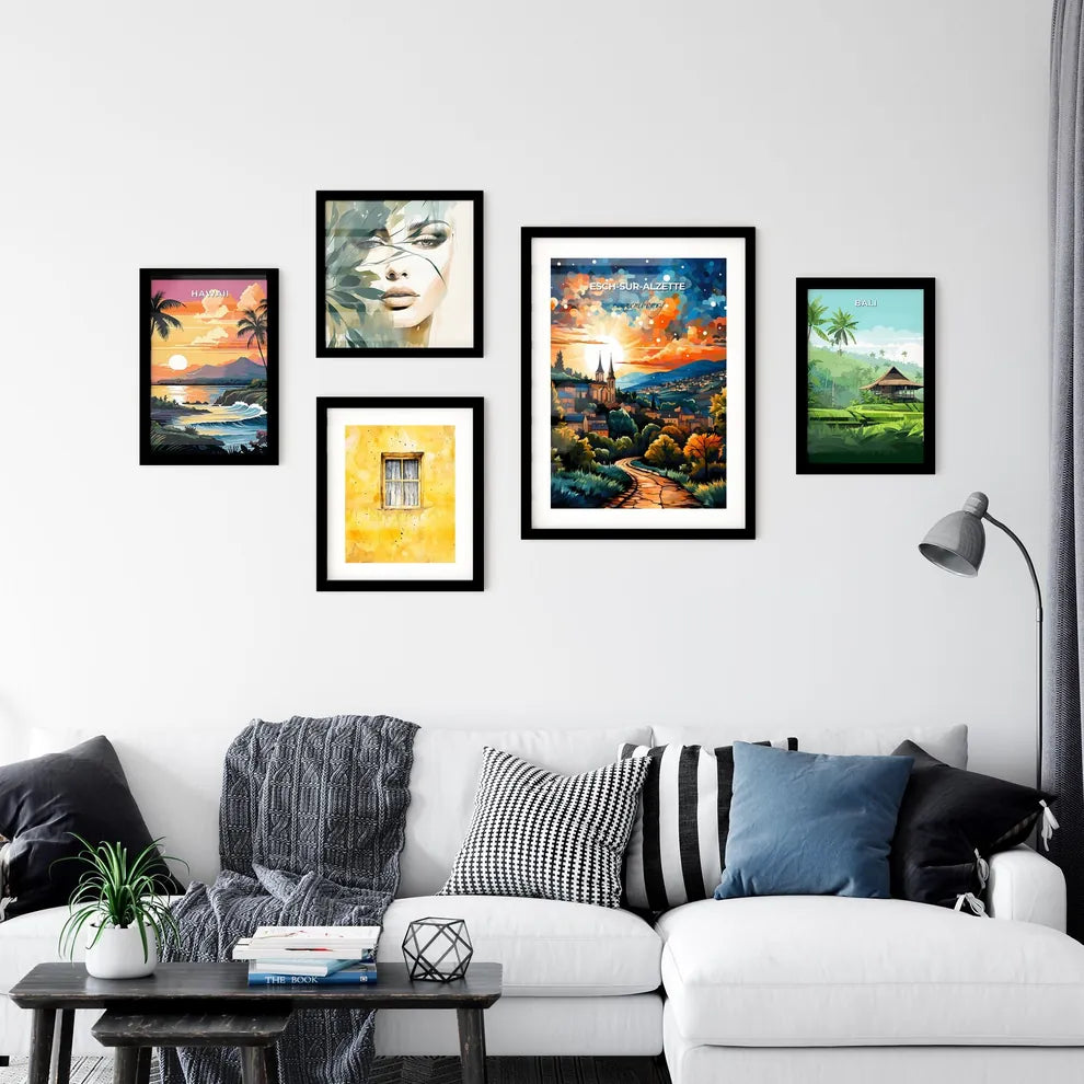 Esch-Sur-Alzette, Luxembourg, A Poster of a painting of a town with trees and a road Default Title