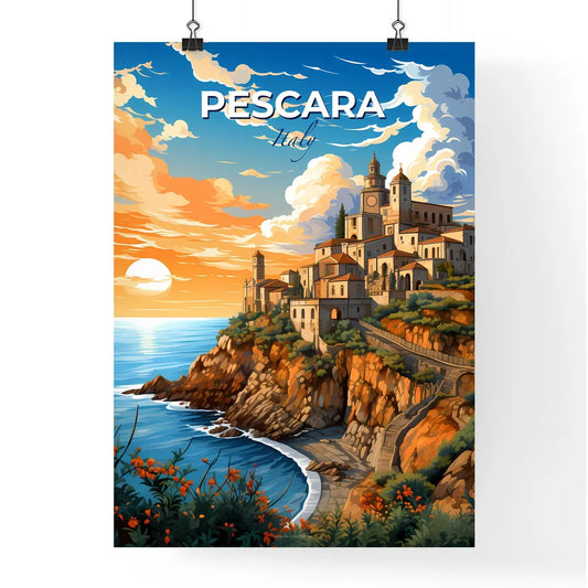 Pescara, Italy, A Poster of a painting of a town on a cliff by the ocean Default Title