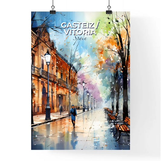 Gasteiz / Vitoria, Spain, A Poster of a person walking on a sidewalk with benches and trees Default Title