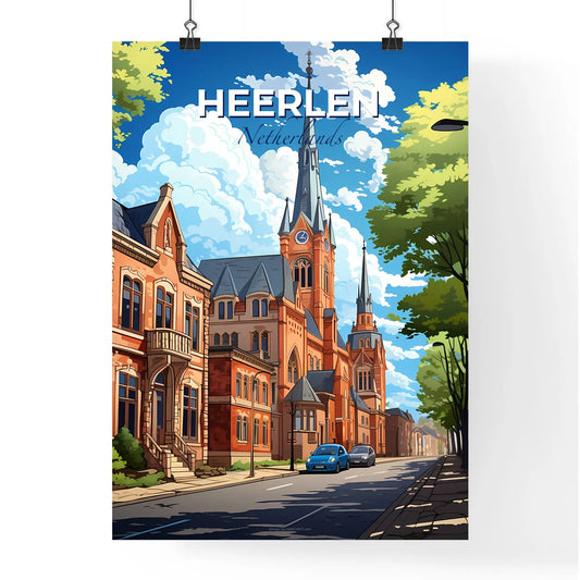 Heerlen, Netherlands, A Poster of a street with cars and a church with Sacred Heart Catholic Church in the background Default Title