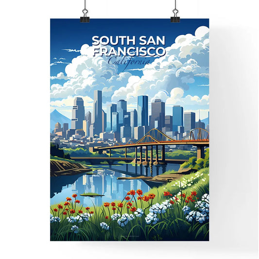 South San Francisco, California, A Poster of a bridge over a river with flowers and a city in the background Default Title