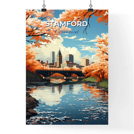 Stamford, Connecticut, A Poster of a river with a bridge and trees with orange leaves Default Title