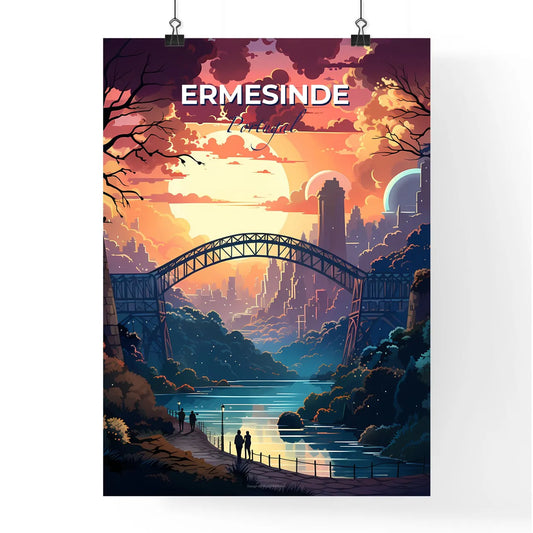 Ermesinde, Portugal, A Poster of a bridge over a river with trees and a sunset Default Title