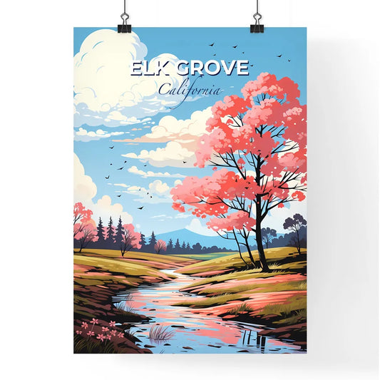 Elk Grove, California, A Poster of a river running through a field with pink trees Default Title