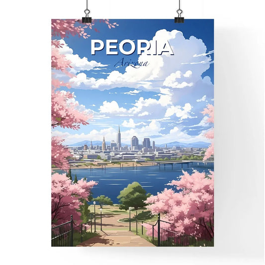 Peoria, Arizona, A Poster of a cityscape with pink blossoms and a body of water Default Title