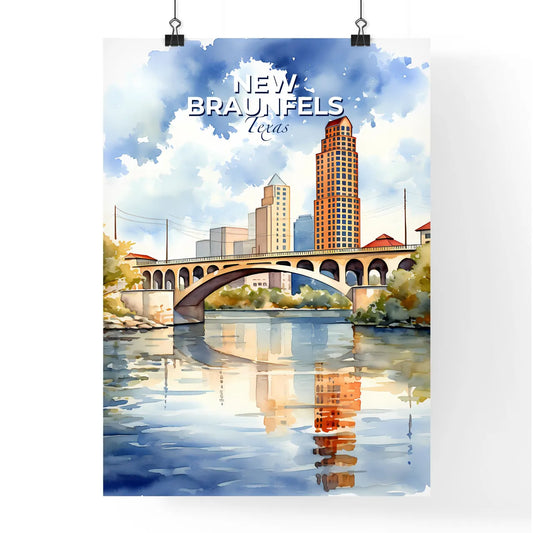 New Braunfels, Texas, A Poster of watercolor of a bridge over a river with buildings and trees Default Title