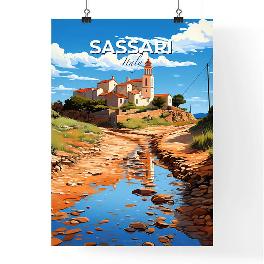 Sassari, Italy, A Poster of a house on a hill with a stream of water Default Title
