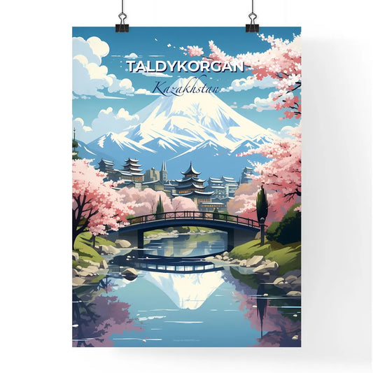 Taldykorgan, Kazakhstan, A Poster of a bridge over a river with a mountain in the background Default Title