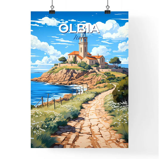 Olbia, Italy, A Poster of a stone path leading to a building on a hill with a blue sky and water Default Title