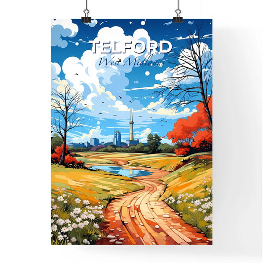 Telford, West Midlands, A Poster of a landscape with a river and trees and a tall tower Default Title