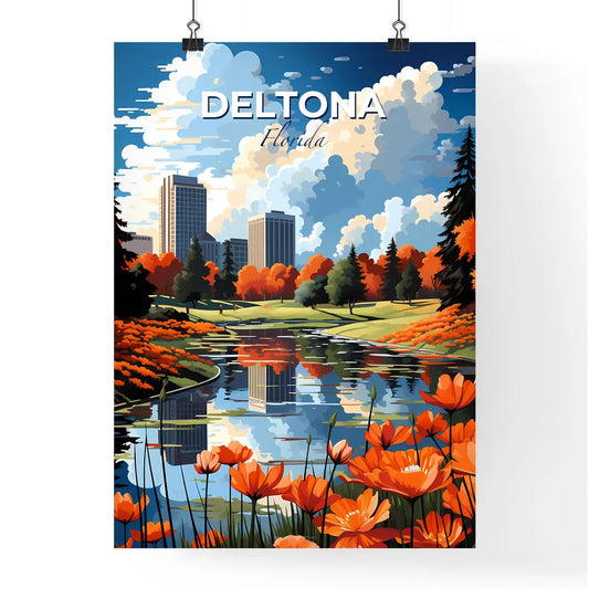 Deltona, Florida, A Poster of a water body with orange flowers and trees in the background Default Title