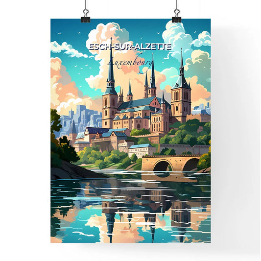 Esch-Sur-Alzette, Luxembourg, A Poster of a castle with towers and a bridge over a river Default Title