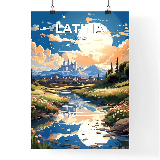 Latina, Spain, A Poster of a river running through a valley with flowers and a castle in the background Default Title