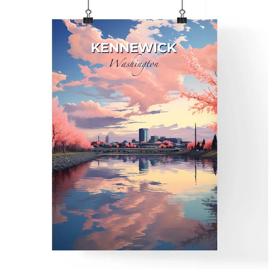 Kennewick, Washington, A Poster of a river with pink trees and a bridge Default Title