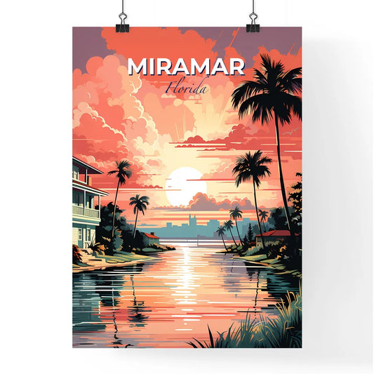 Miramar, Florida, A Poster of a sunset over a body of water with palm trees and a house Default Title