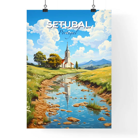 Setubal, Portugal, A Poster of a stream of water with a church in the background Default Title