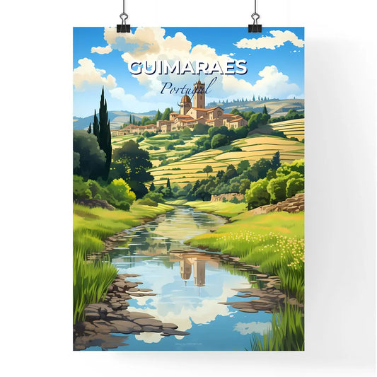 Guimaraes, Portugal, A Poster of a river running through a valley with a building and trees Default Title