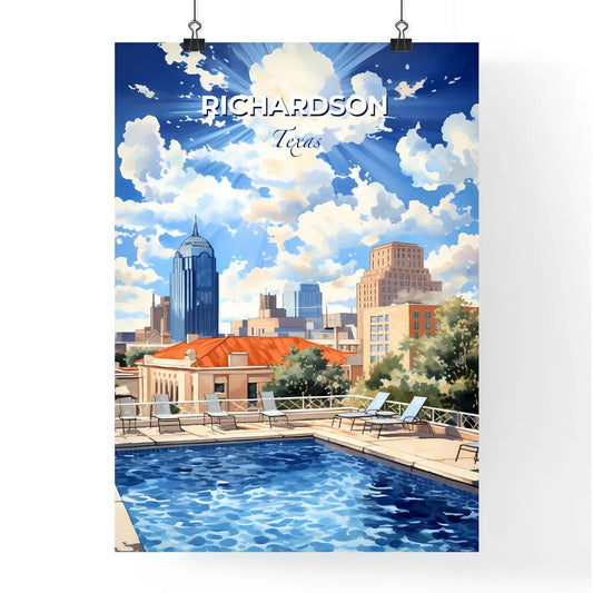 Richardson, Texas, A Poster of a pool with chairs and trees in front of a city Default Title