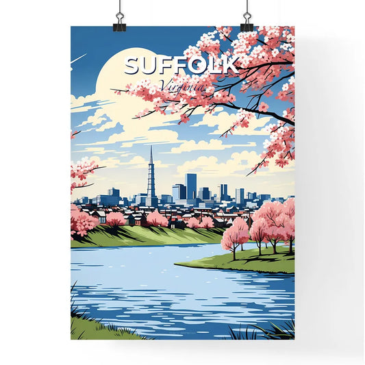 Suffolk, Virginia, A Poster of a river with pink blossoms and a city in the background Default Title