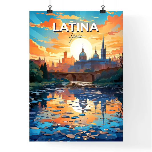 Latina, Spain, A Poster of a water body with a bridge and a city with a bridge and trees Default Title