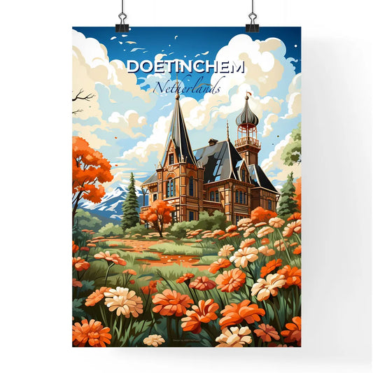 Doetinchem, Netherlands, A Poster of a painting of a castle with orange flowers Default Title