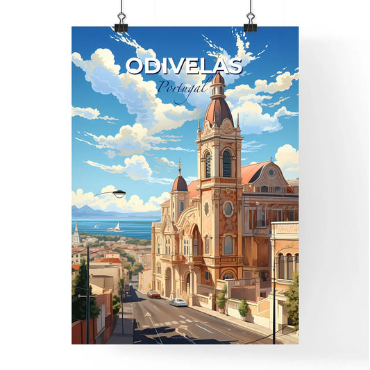 Odivelas, Portugal, A Poster of a large building with a steeple and a street with a body of water in the background Default Title