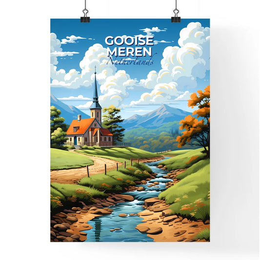Gooise Meren, Netherlands, A Poster of a church in a valley with a stream running through it Default Title