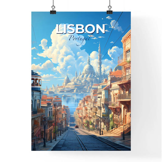 Lisbon, Portugal, A Poster of a street with buildings and a city in the background Default Title
