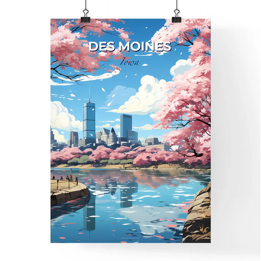Des Moines, Iowa, A Poster of a river with pink trees and a city in the background Default Title