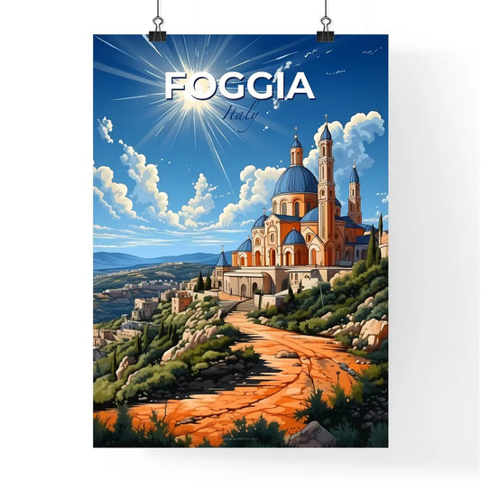 Foggia, Italy, A Poster of a building on a hill with a road and the sun Default Title