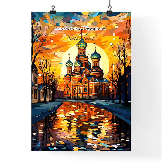 Leidschendam-Voorburg, Netherlands, A Poster of a painting of a church with a sunset behind it Default Title
