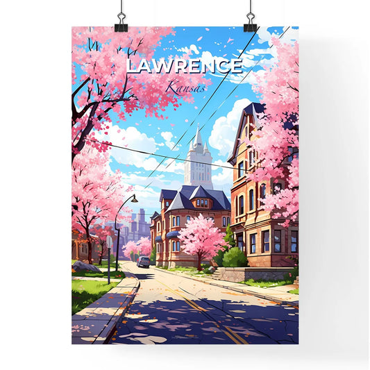 Lawrence, Kansas, A Poster of a street with pink trees and buildings Default Title