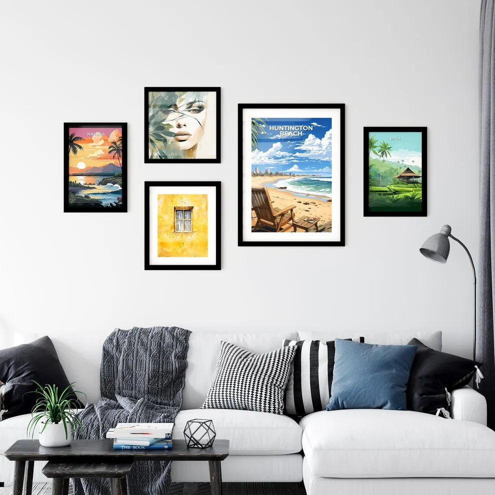 Huntington Beach, California, A Poster of a beach with chairs and palm trees Default Title